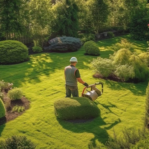 Residential Garden Worker Trimming Backyard Lawn